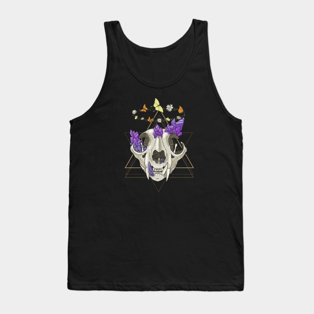 Cat Skull with Crystals, Butterflies, and Geometric Accents on Black Tank Top by KMogenArt
